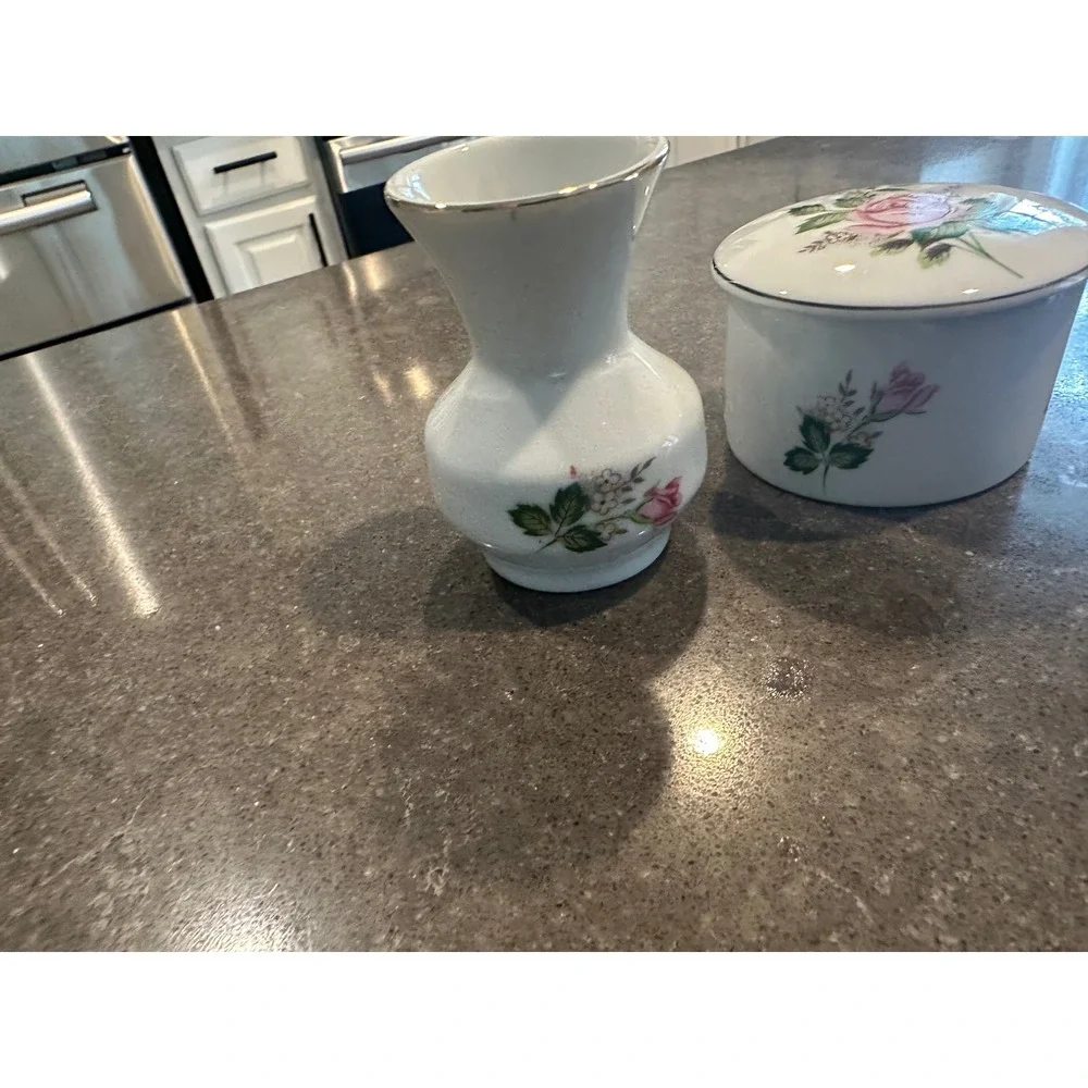 Leart Brazil Porcelain Pink Rose Trinket Jar and Bud Vase Set Silver Rim Vintage